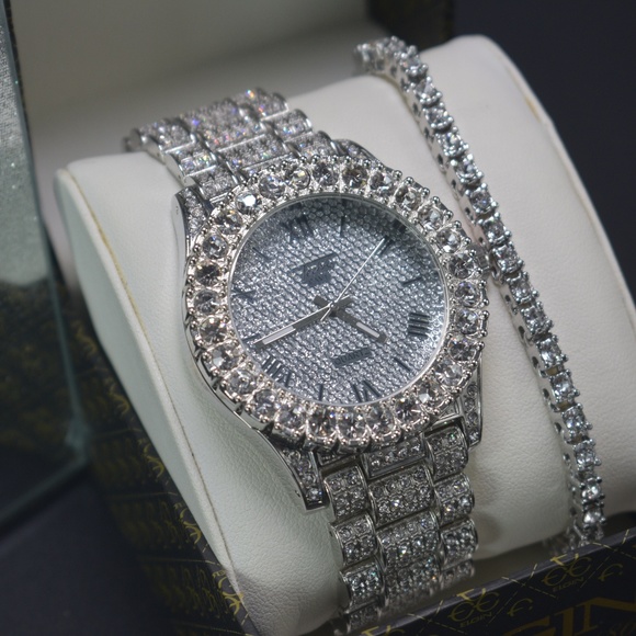 Mens 14K White Gold Plated Iced Out Watch - Picture 3 of 7